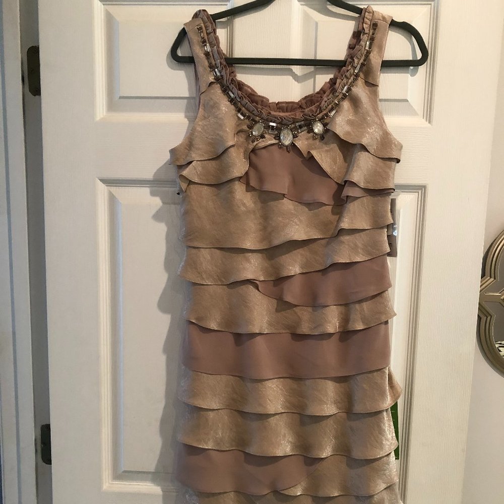 SL Fashions beige dress with rhinestones on . Size 10 NWT